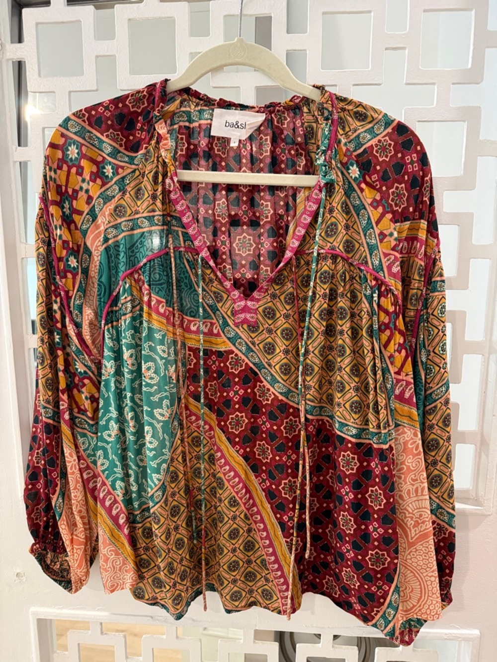 Ba&sh Colorful Patchwork Boho V-Neck Peasant Top